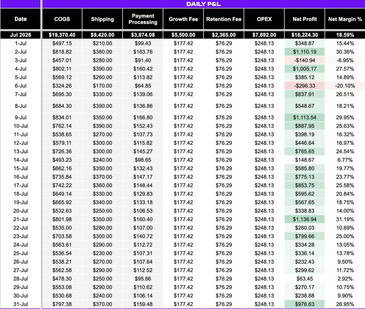 Daily P&L section of the Daily Profit Tracker