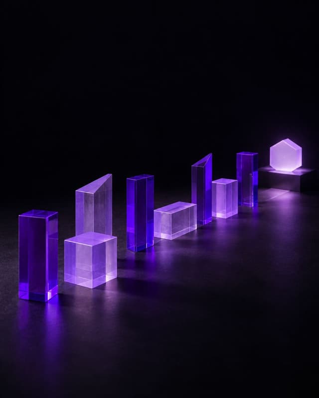 Violet translucent forms arranged as a path to a bright destination
