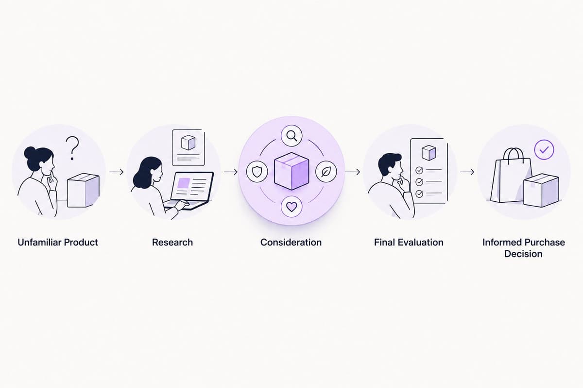 Five connected abstract stages representing customer awareness before a purchase
