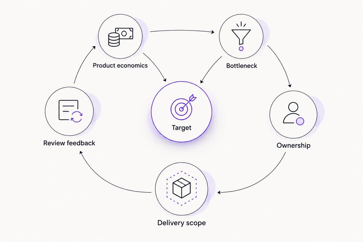 Six connected stages representing the decisions in an ecommerce agency hiring brief