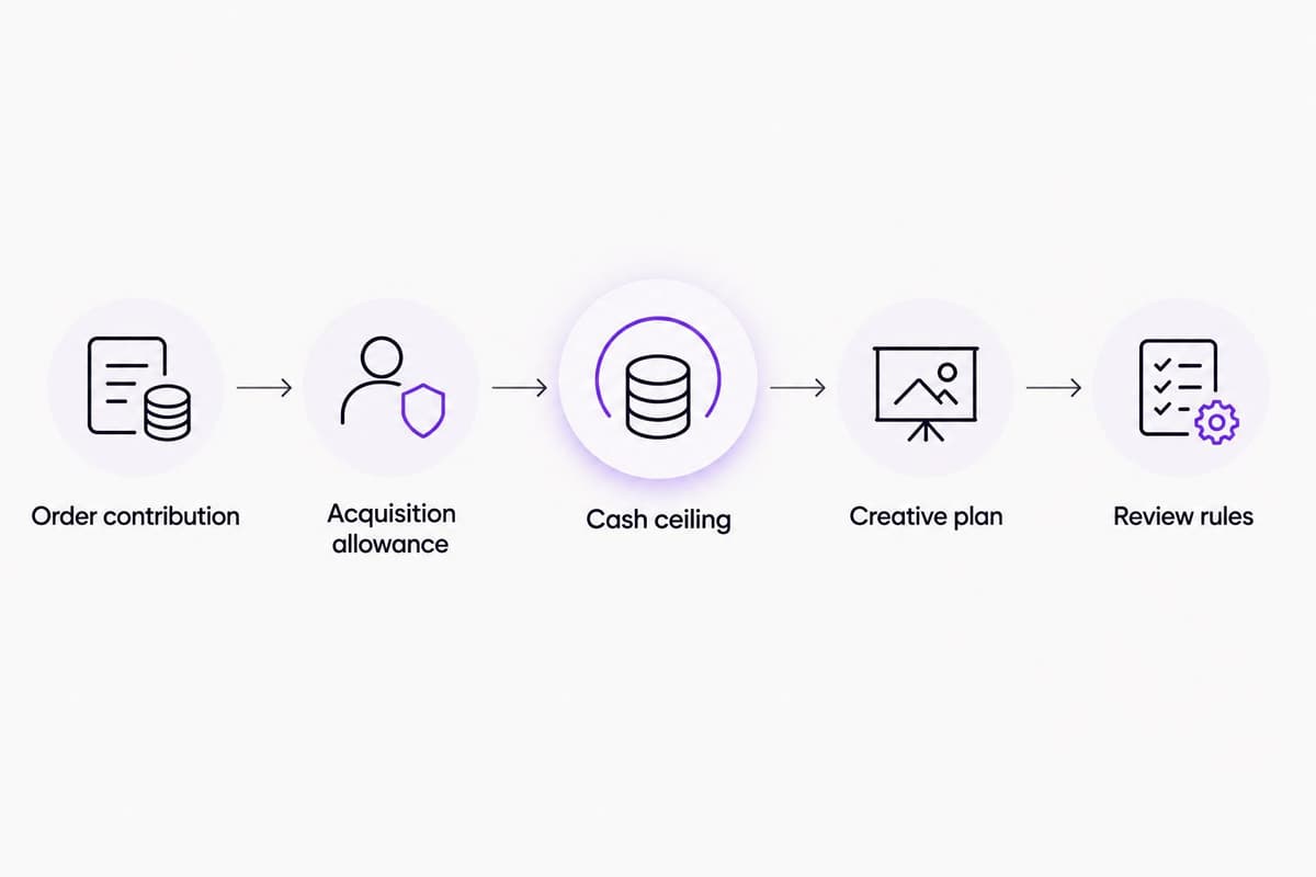 Five budgeting steps connecting order contribution, acquisition allowance, cash, creative and review rules