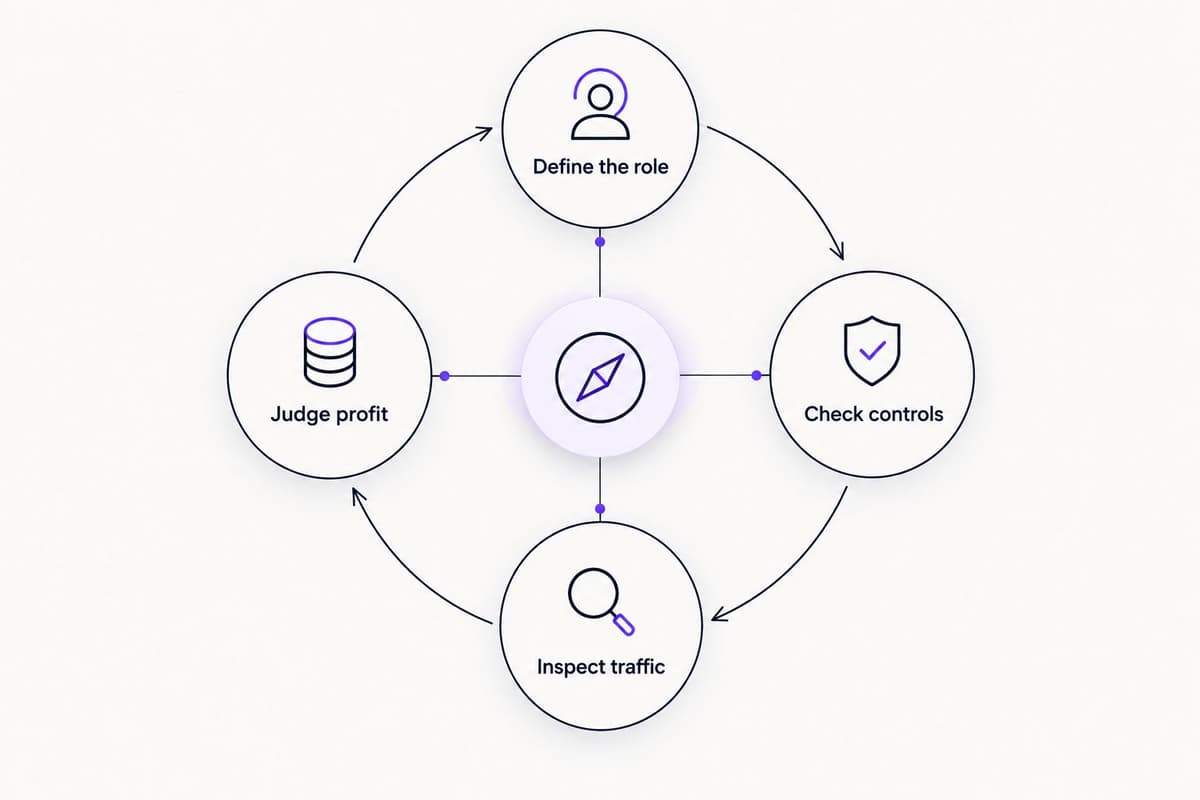 A review loop connecting campaign role, controls, traffic inspection and profit assessment.